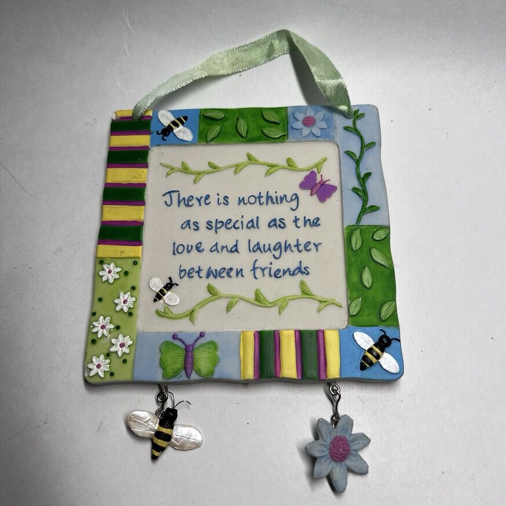 Vintage Clay Art Friendship Ceramic Wall Plaque Bee Butterfly Hanging Sign AS IS